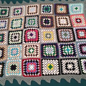 Hand-Crocheted Granny Square Throw Blanket With Handknit Border